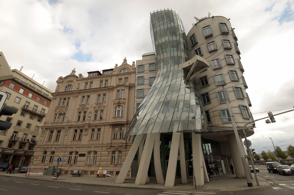 The Dancing Building in Prague, with "Patterned Windows" in a modernist manner, and which is of