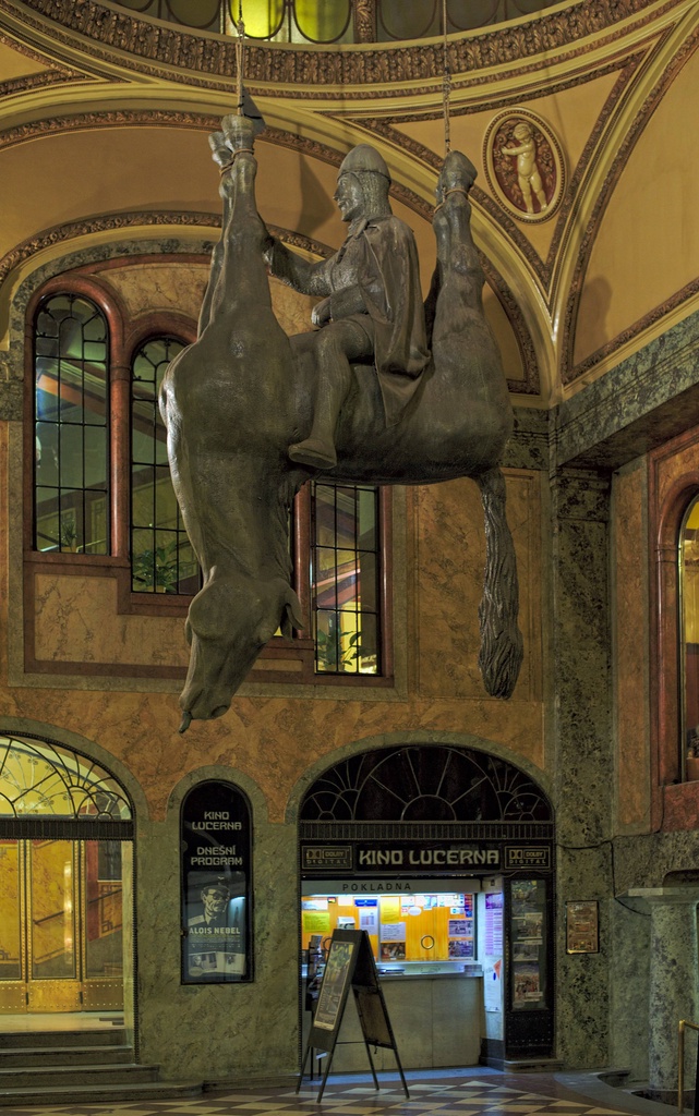 This sculpture of King Wenceslas riding an upside-down dead horse in Prague is by David Černý -