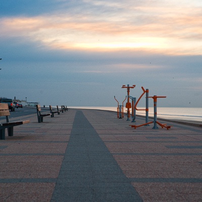 Exercise machines at dawn on the promenade at Playa Carrasco in Montevideo