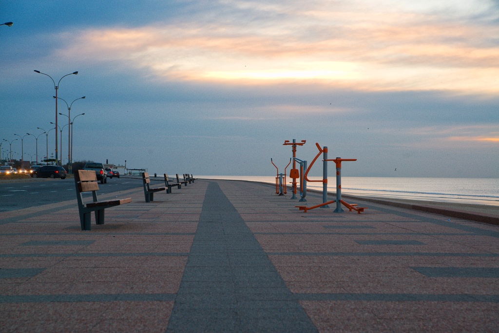Exercise machines at dawn on the promenade at Playa Carrasco in Montevideo